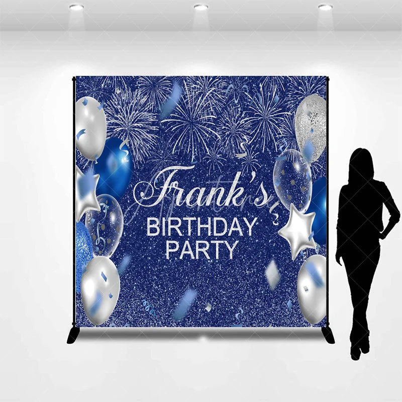Aperturee - Aperturee Personalized Blue and Silver Birthday Backdrop Glitter Balloons and Fireworks Custom Name Party Photo Booth