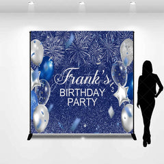 Aperturee - Aperturee Personalized Blue and Silver Birthday Backdrop Glitter Balloons and Fireworks Custom Name Party Photo Booth
