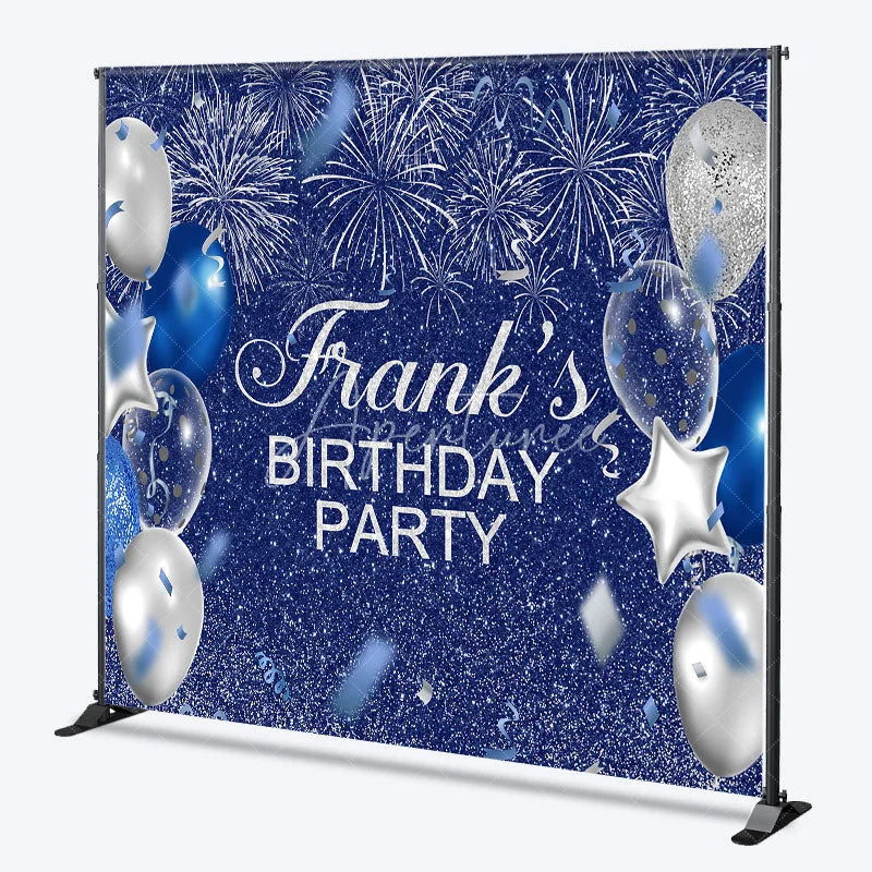 Aperturee - Aperturee Personalized Blue and Silver Birthday Backdrop Glitter Balloons and Fireworks Custom Name Party Photo Booth