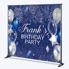 Aperturee - Aperturee Personalized Blue and Silver Birthday Backdrop Glitter Balloons and Fireworks Custom Name Party Photo Booth