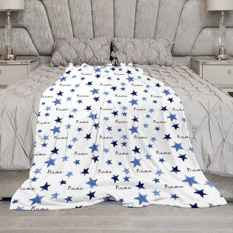 Aperturee - Aperturee Personalized Blue Starry Night Blanket with Custom Name Watercolor Stars for Baby Boy Nursery Decor Gift