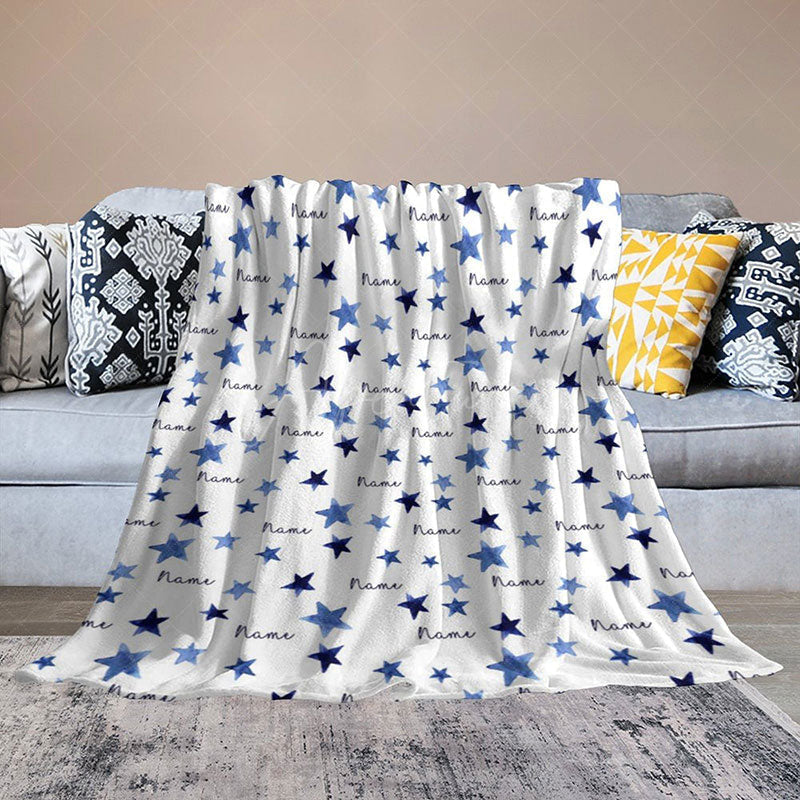 Aperturee - Aperturee Personalized Blue Starry Night Blanket with Custom Name Watercolor Stars for Baby Boy Nursery Decor Gift