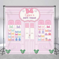 Aperturee - Aperturee Personalized Bow-Tique Birthday Backdrop Pink Mouse Ears and Bows Shop Custom Name Cartoon Party Photo Booth