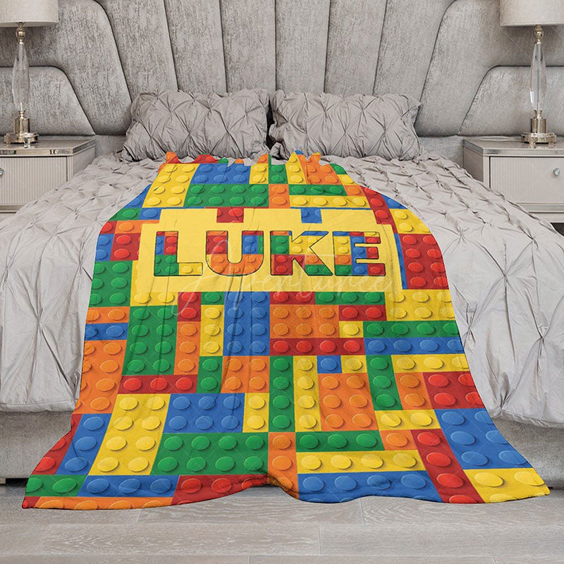 Aperturee - Aperturee Personalized Building Blocks Blanket with Custom Name Colorful Bricks for Boys Kids Room Playroom Decor