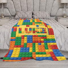 Aperturee - Aperturee Personalized Building Blocks Blanket with Custom Name Colorful Bricks for Boys Kids Room Playroom Decor