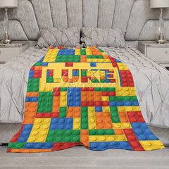 Aperturee - Aperturee Personalized Building Blocks Blanket with Custom Name Colorful Bricks for Boys Kids Room Playroom Decor