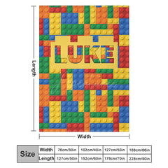Aperturee - Aperturee Personalized Building Blocks Blanket with Custom Name Colorful Bricks for Boys Kids Room Playroom Decor