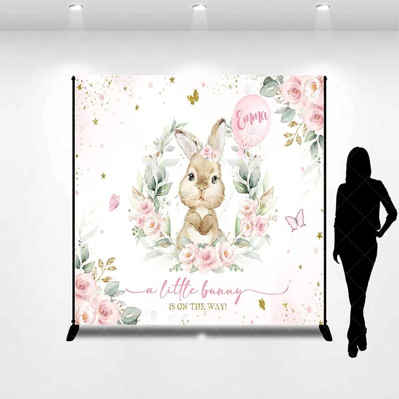 Aperturee - Aperturee Personalized Bunny Baby Shower Backdrop Pink Floral Rabbit and Greenery Girl Birthday Party Background