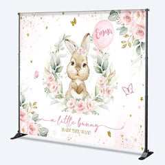 Aperturee - Aperturee Personalized Bunny Baby Shower Backdrop Pink Floral Rabbit and Greenery Girl Birthday Party Background
