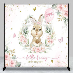 Aperturee - Aperturee Personalized Bunny Baby Shower Backdrop Pink Floral Rabbit and Greenery Girl Birthday Party Background