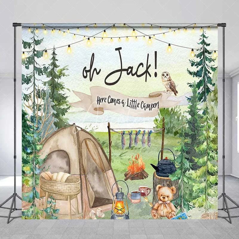 Aperturee - Aperturee Personalized Camping Theme Backdrop Here Comes a Little Camper Forest Adventure Baby Shower Decoration