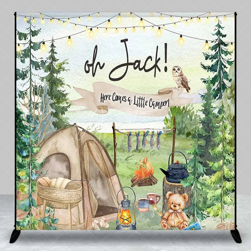 Aperturee - Aperturee Personalized Camping Theme Backdrop Here Comes a Little Camper Forest Adventure Baby Shower Decoration