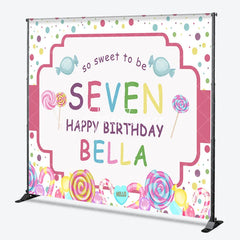 Aperturee - Aperturee Personalized Candy Land 7th Birthday Custom Backdrop Sweet Lollipops and Polka Dots Party Decor