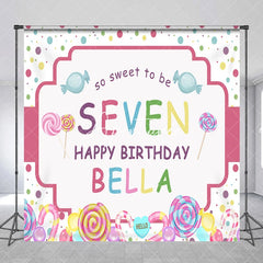 Aperturee - Aperturee Personalized Candy Land 7th Birthday Custom Backdrop Sweet Lollipops and Polka Dots Party Decor