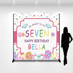 Aperturee - Aperturee Personalized Candy Land 7th Birthday Custom Backdrop Sweet Lollipops and Polka Dots Party Decor