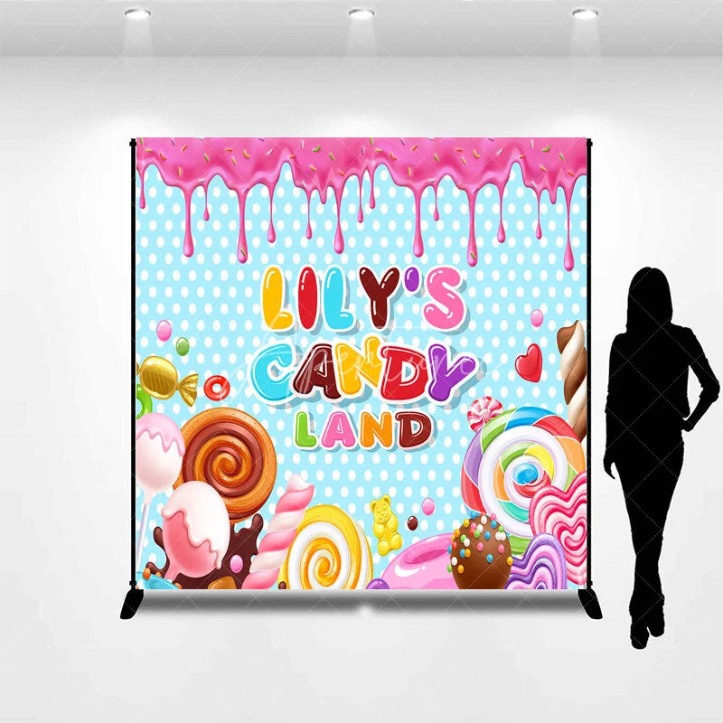 Aperturee - Aperturee Personalized Candy Land Birthday Backdrop Sweet Candyland Theme Background Custom Name Lollipops Party