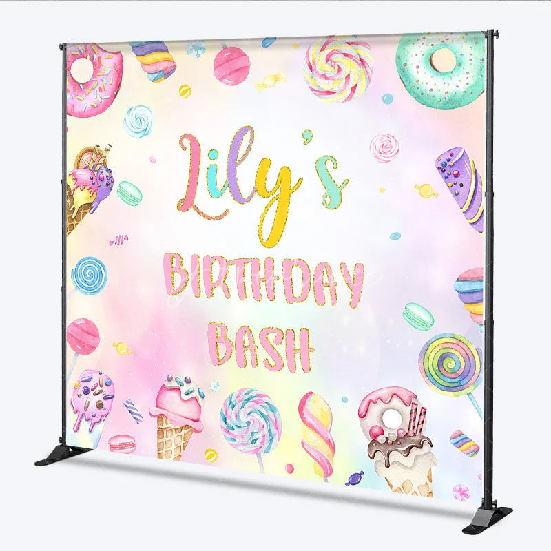Aperturee - Aperturee Personalized Candyland Birthday Bash Backdrop Pastel Donut and Lollipop Theme Custom Name Sweet Shoppe Party