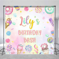 Aperturee - Aperturee Personalized Candyland Birthday Bash Backdrop Pastel Donut and Lollipop Theme Custom Name Sweet Shoppe Party