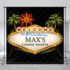 Aperturee - Aperturee Personalized Casino Nights Custom Backdrop Welcome Sign with Palm Trees and Starburst for Party Decor