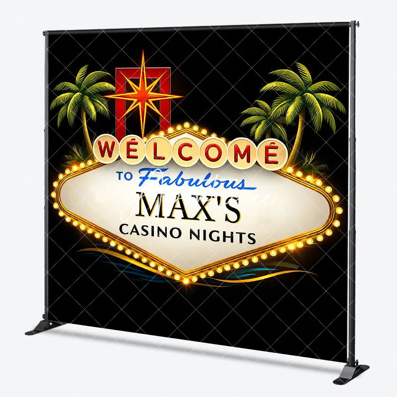 Aperturee - Aperturee Personalized Casino Nights Custom Backdrop Welcome Sign with Palm Trees and Starburst for Party Decor