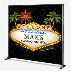 Aperturee - Aperturee Personalized Casino Nights Custom Backdrop Welcome Sign with Palm Trees and Starburst for Party Decor