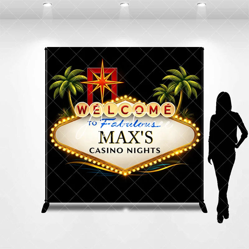 Aperturee - Aperturee Personalized Casino Nights Custom Backdrop Welcome Sign with Palm Trees and Starburst for Party Decor