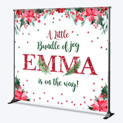 Aperturee - Aperturee Personalized Christmas Baby Shower Backdrop A Little Bundle of Joy Poinsettia Holly Glitter Decor
