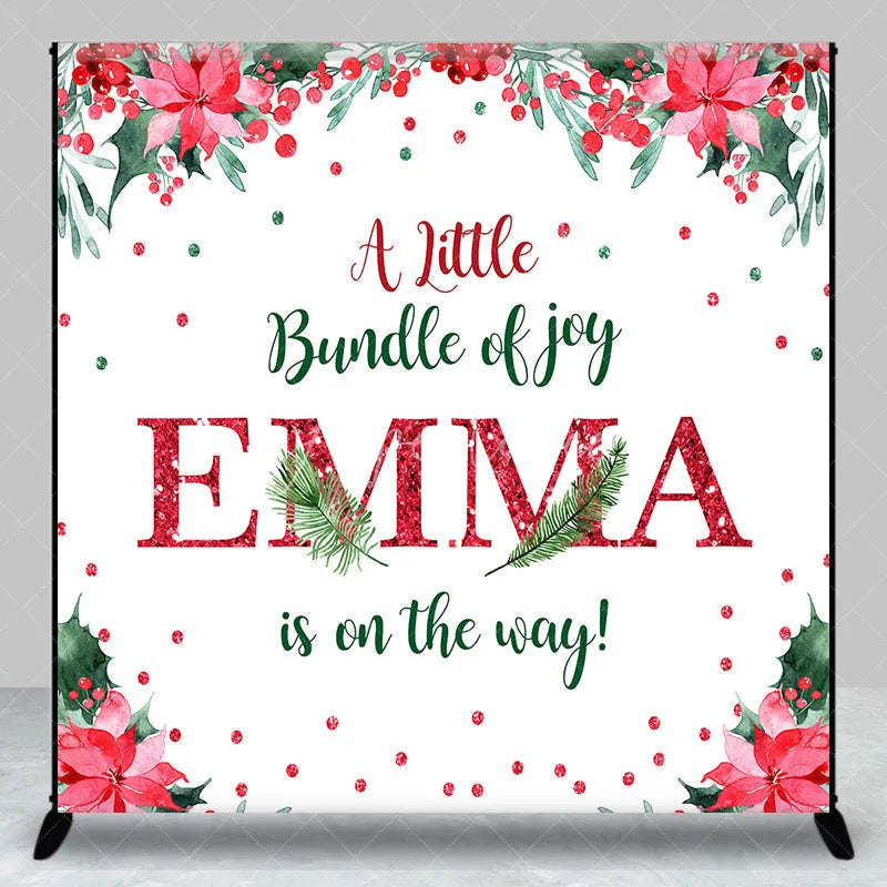 Aperturee - Aperturee Personalized Christmas Baby Shower Backdrop A Little Bundle of Joy Poinsettia Holly Glitter Decor