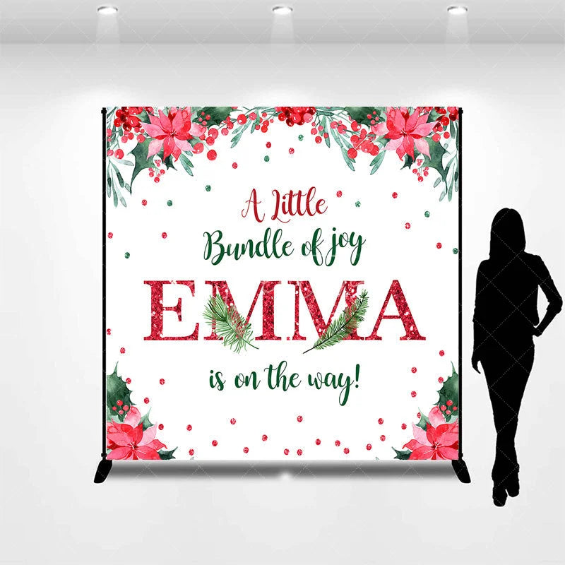 Aperturee - Aperturee Personalized Christmas Baby Shower Backdrop A Little Bundle of Joy Poinsettia Holly Glitter Decor