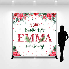 Aperturee - Aperturee Personalized Christmas Baby Shower Backdrop A Little Bundle of Joy Poinsettia Holly Glitter Decor