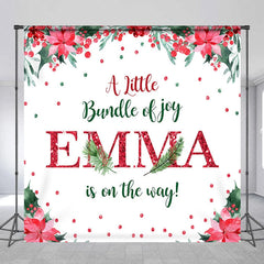 Aperturee - Aperturee Personalized Christmas Baby Shower Backdrop A Little Bundle of Joy Poinsettia Holly Glitter Decor