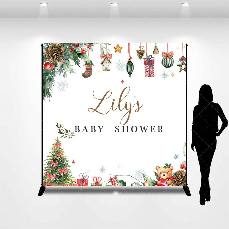 Aperturee - Aperturee Personalized Christmas Baby Shower Backdrop A Merry Little Baby Holiday Teddy Bear Pine Decor