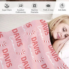 Aperturee - Aperturee Personalized Christmas Candy Cane Blanket with Custom Name Holiday Decor Throw for Kids Pink Xmas Gift