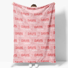 Aperturee - Aperturee Personalized Christmas Candy Cane Blanket with Custom Name Holiday Decor Throw for Kids Pink Xmas Gift