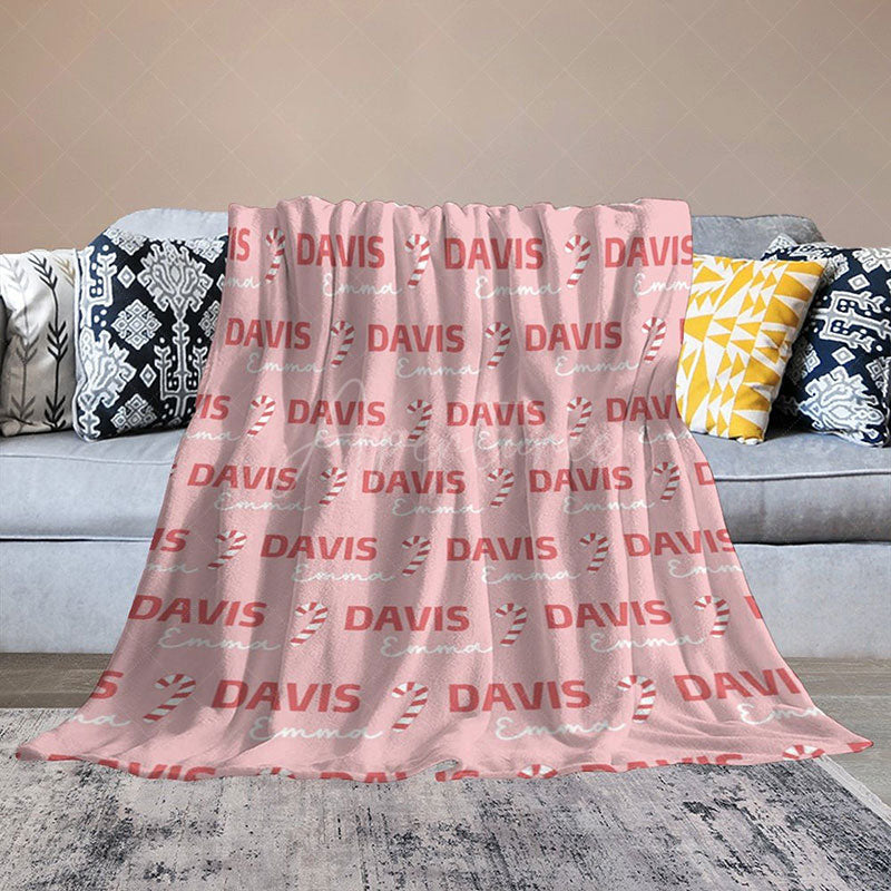 Aperturee - Aperturee Personalized Christmas Candy Cane Blanket with Custom Name Holiday Decor Throw for Kids Pink Xmas Gift