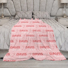 Aperturee - Aperturee Personalized Christmas Candy Cane Blanket with Custom Name Holiday Decor Throw for Kids Pink Xmas Gift