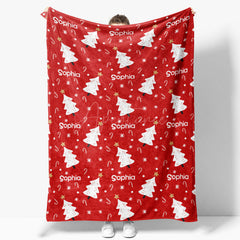Aperturee - Aperturee Personalized Christmas Tree Blanket with Custom Name Red Holiday Decor with White Trees Xmas Gift for Girls