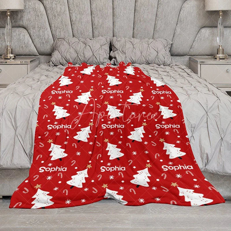 Aperturee - Aperturee Personalized Christmas Tree Blanket with Custom Name Red Holiday Decor with White Trees Xmas Gift for Girls