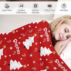Aperturee - Aperturee Personalized Christmas Tree Blanket with Custom Name Red Holiday Decor with White Trees Xmas Gift for Girls