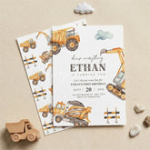 Aperturee - Aperturee Set of 20 Personalized Construction Birthday Invitations Custom Dump Truck and Excavator Party Invites for Kids
