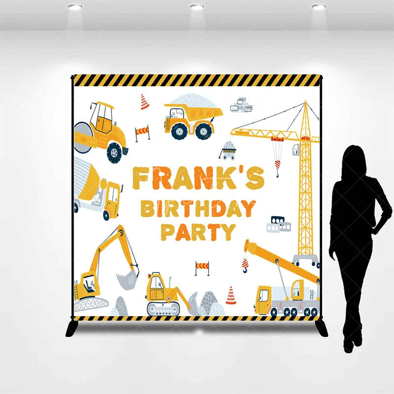 Aperturee - Aperturee Personalized Construction Birthday Party Backdrop Custom Name Yellow Excavator and Crane Truck Background