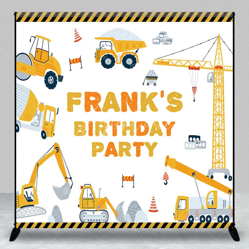 Aperturee - Aperturee Personalized Construction Birthday Party Backdrop Custom Name Yellow Excavator and Crane Truck Background
