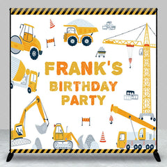 Aperturee - Aperturee Personalized Construction Birthday Party Backdrop Custom Name Yellow Excavator and Crane Truck Background