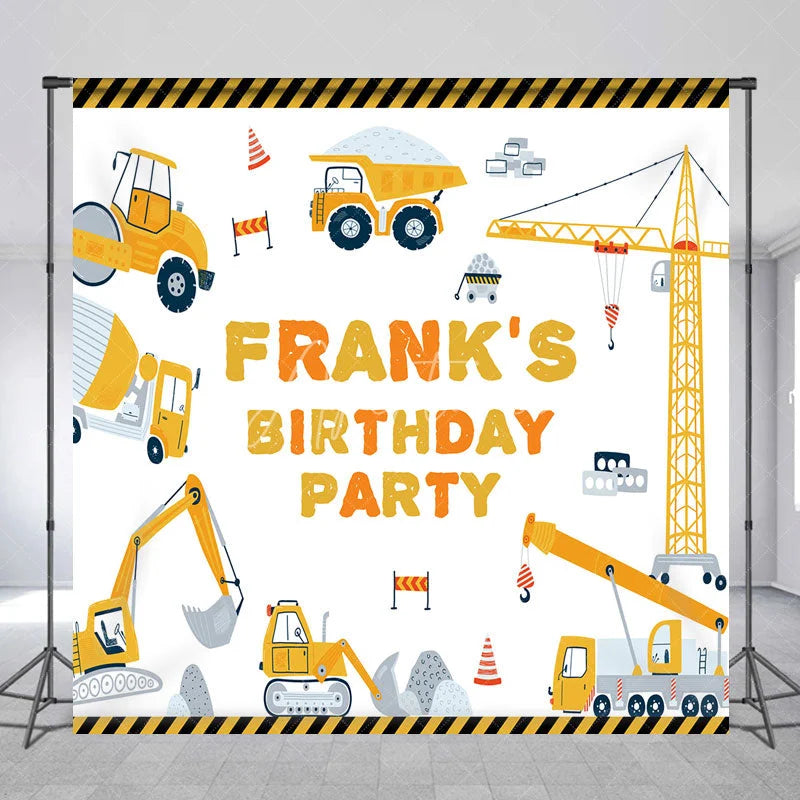 Aperturee - Aperturee Personalized Construction Birthday Party Backdrop Custom Name Yellow Excavator and Crane Truck Background