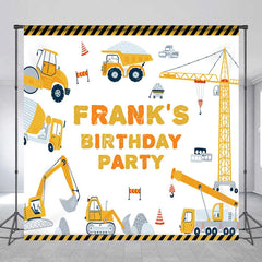 Aperturee - Aperturee Personalized Construction Birthday Party Backdrop Custom Name Yellow Excavator and Crane Truck Background
