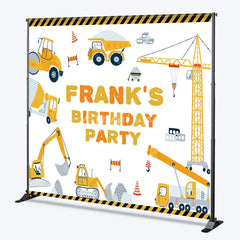 Aperturee - Aperturee Personalized Construction Birthday Party Backdrop Custom Name Yellow Excavator and Crane Truck Background
