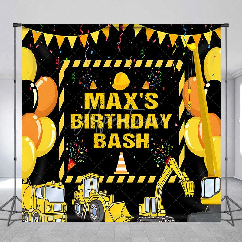 Aperturee - Aperturee Personalized Construction Site Birthday Backdrop Yellow Heavy Equipment and Balloons Party Decor