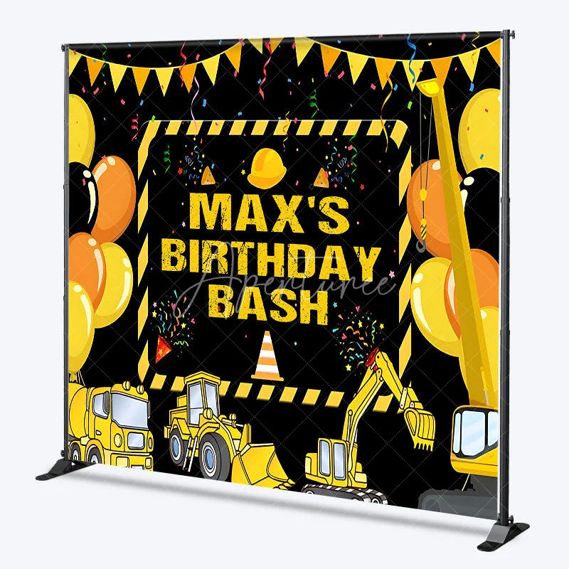 Aperturee - Aperturee Personalized Construction Site Birthday Backdrop Yellow Heavy Equipment and Balloons Party Decor