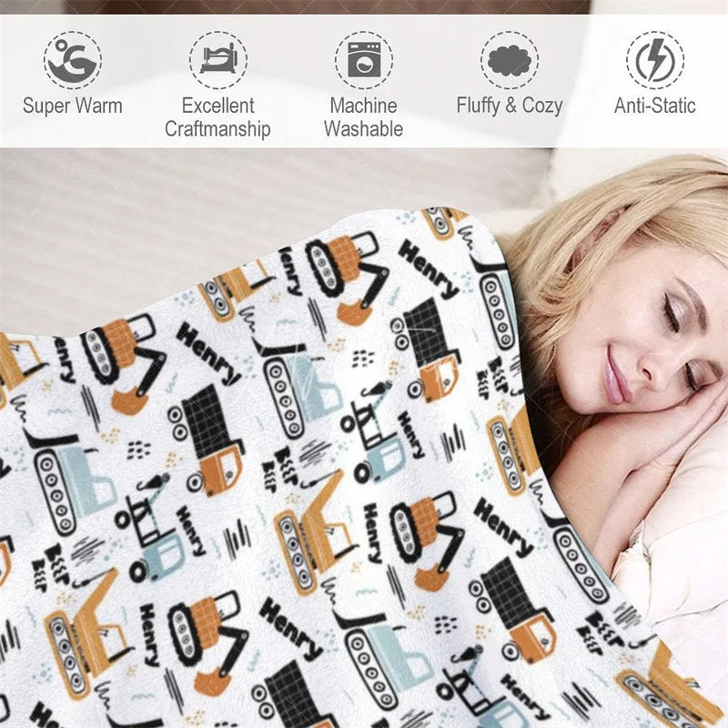 Aperturee - Aperturee Personalized Construction Truck Baby Blanket with Custom Name Excavator and Dump Truck Nursery Decor for Boys