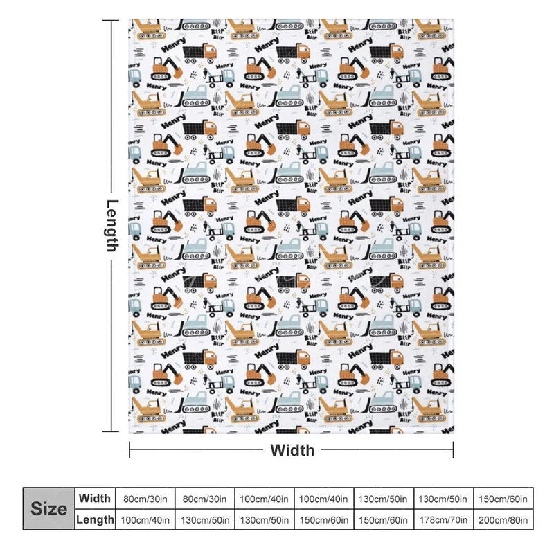 Aperturee - Aperturee Personalized Construction Truck Baby Blanket with Custom Name Excavator and Dump Truck Nursery Decor for Boys